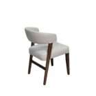 Upholstered dining chair with a curved wraparound back, light neutral fabric, and solid wood legs in a warm brown finish.