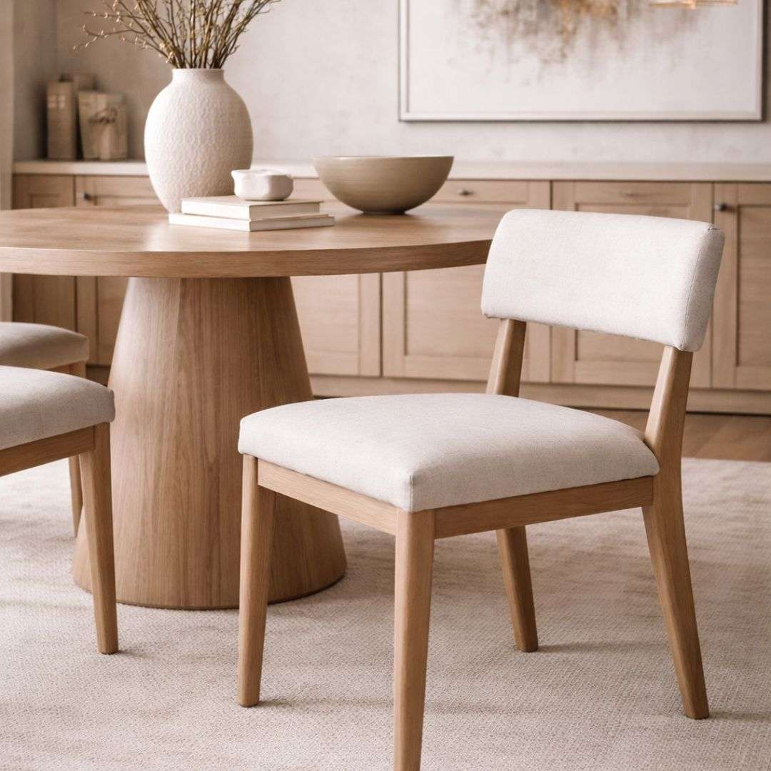 Upholstered dining chair in a soft light grey fabric with a solid wood frame and clean, tapered legs in a natural finish.