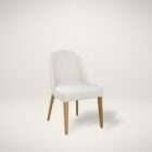 Upholstered dining chair in a soft off-white fabric with a curved back and solid wood legs in a light natural finish.