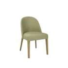 Upholstered dining chair in a soft off-white fabric with a curved back and solid wood legs in a light natural finish.