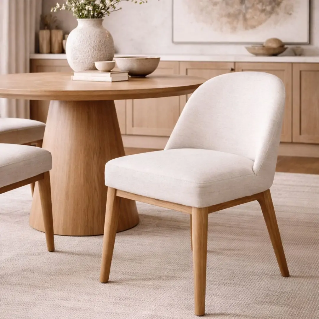 Upholstered dining chair in a soft off-white fabric with a curved back and solid wood legs in a light natural finish.
