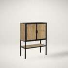 Kezia highboard cabinet with black metal frame and natural cane doors featuring modern storage and open shelving