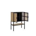 Kezia highboard cabinet with black metal frame and natural cane doors featuring modern storage and open shelving