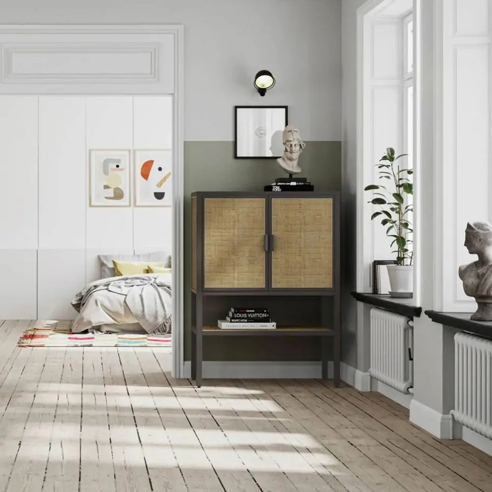 Kezia highboard cabinet with black metal frame and natural cane doors featuring modern storage and open shelving