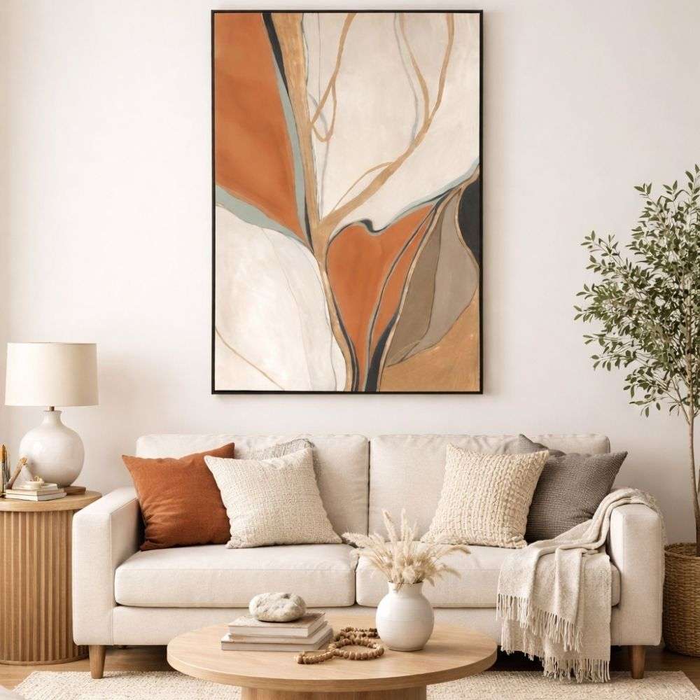 Abstract artwork in warm terracotta, cream, and taupe tones with fluid organic lines in a minimalist frame.