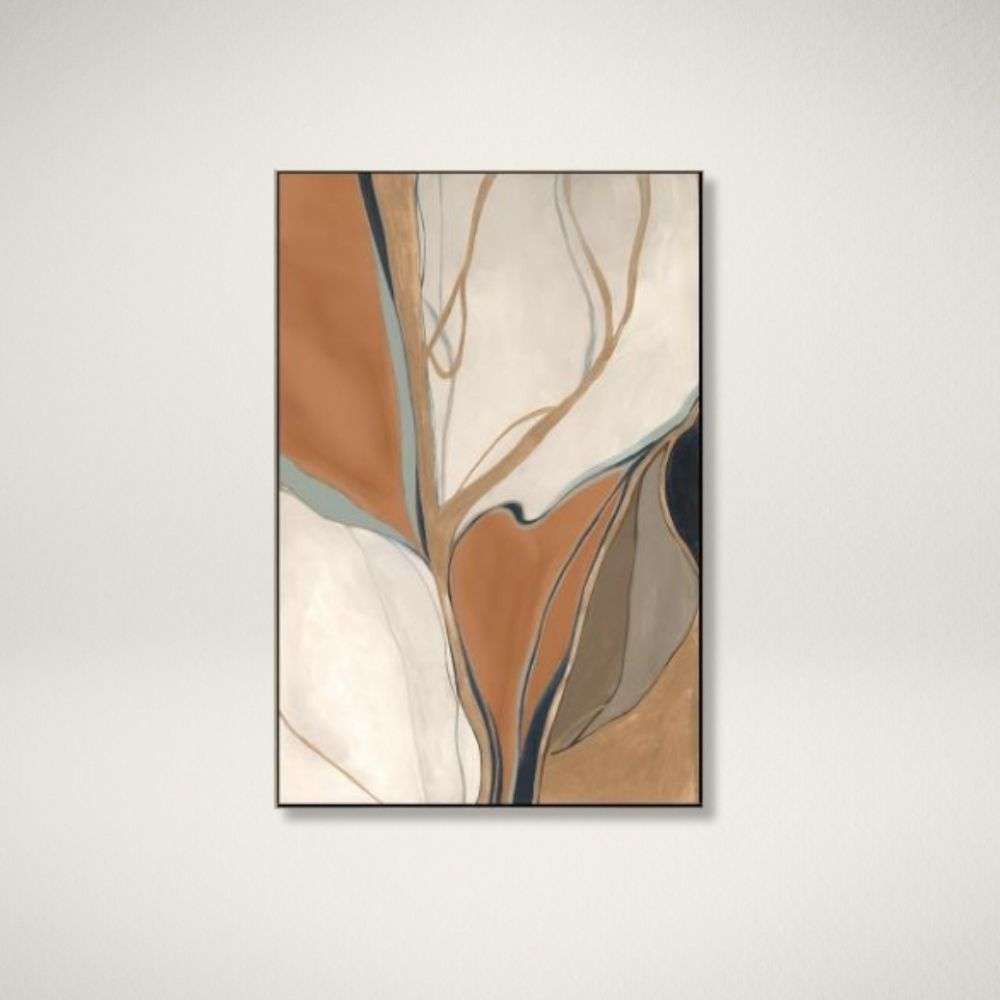 LB AFFLUENCE I Abstract artwork in warm terracotta, cream, and taupe tones with fluid organic lines in a minimalist frame.