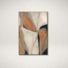 Abstract artwork in warm terracotta, cream, taupe, and charcoal tones with flowing organic shapes in a minimalist frame.