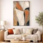 Abstract artwork in warm terracotta, cream, taupe, and charcoal tones with flowing organic shapes in a minimalist frame.