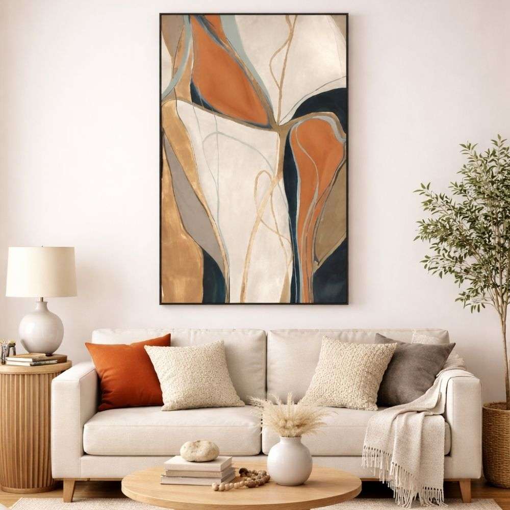 Abstract artwork in warm terracotta, cream, taupe, and charcoal tones with flowing organic shapes in a minimalist frame.