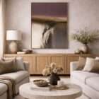 Abstract landscape wall art with a moody horizon in plum, olive, and earthy tones, featuring a soft cascading effect into cream and charcoal below.