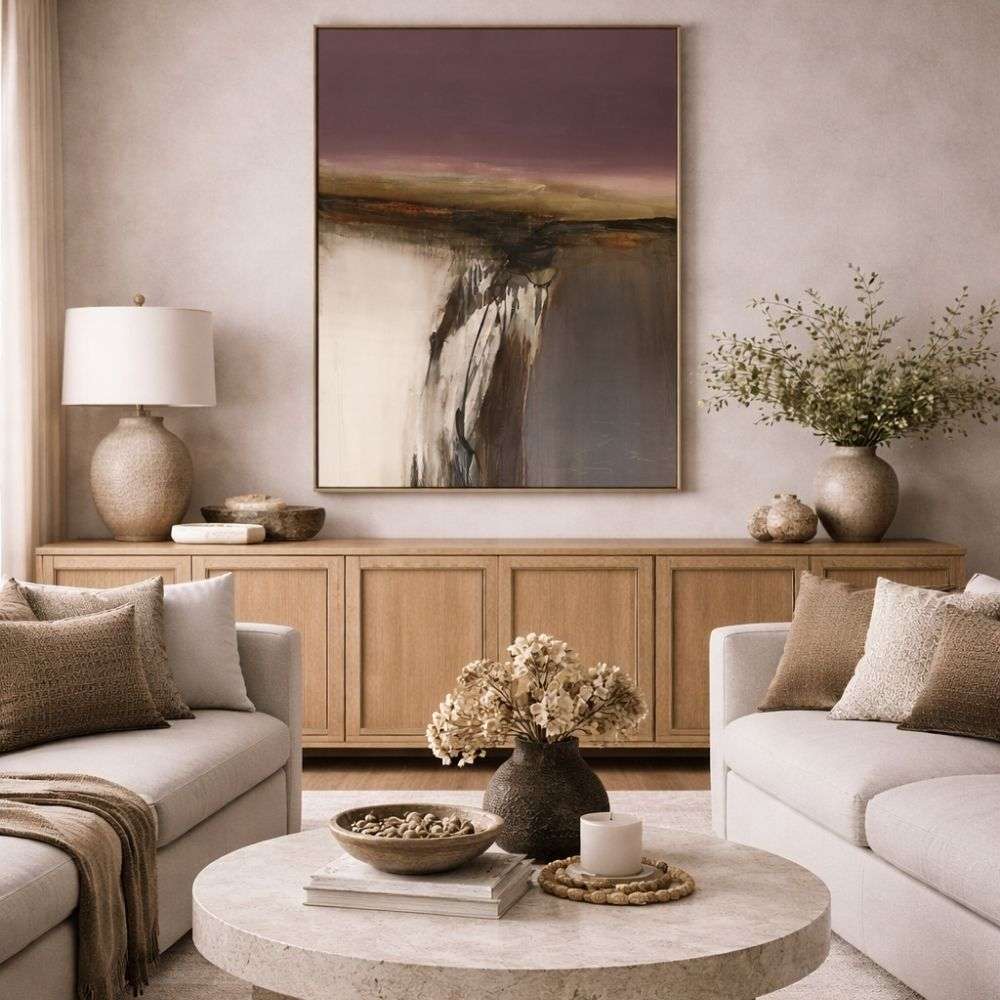 Abstract landscape wall art with a moody horizon in plum, olive, and earthy tones, featuring a soft cascading effect into cream and charcoal below.