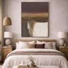 Abstract landscape wall art featuring layered earthy tones with deep plum, warm ochre, soft cream, and muted grey, creating a moody horizon effect.