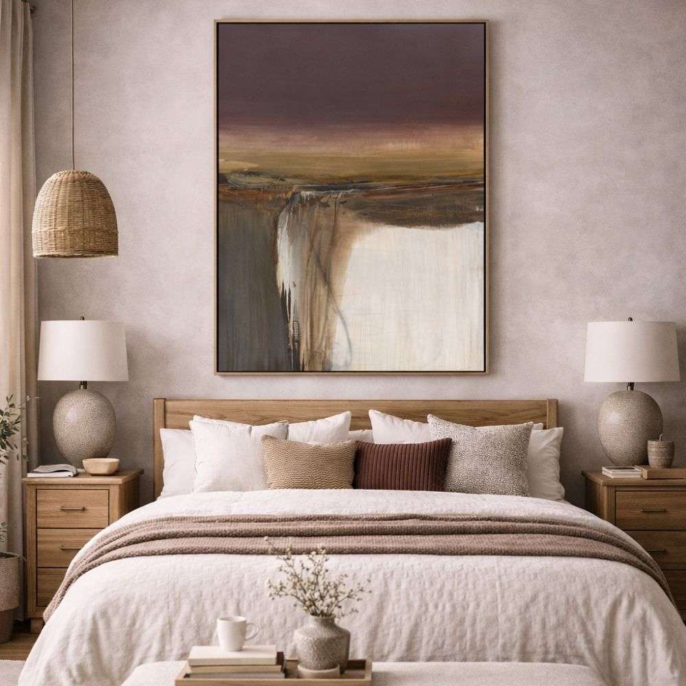 Abstract landscape wall art featuring layered earthy tones with deep plum, warm ochre, soft cream, and muted grey, creating a moody horizon effect.