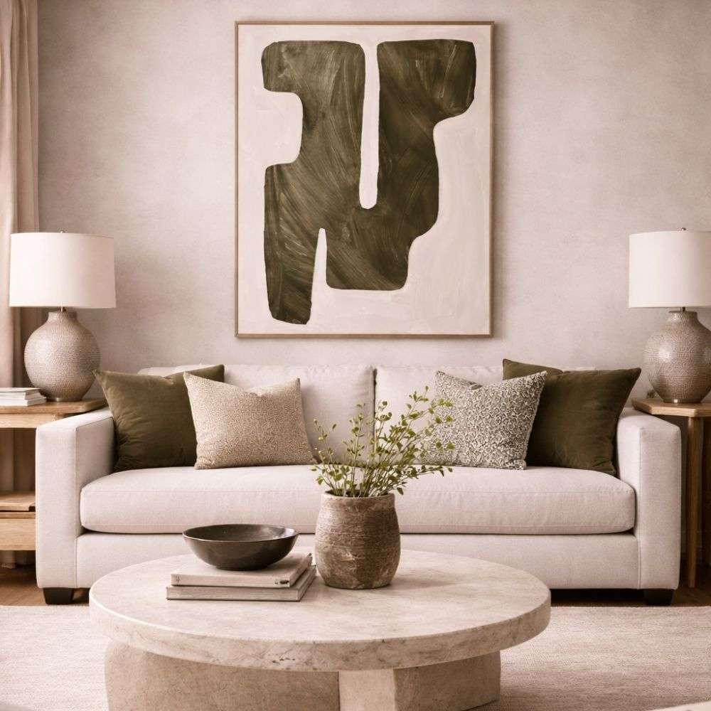 Abstract wall art featuring bold organic shapes in deep green tones on a soft neutral background, framed in a light wood frame.