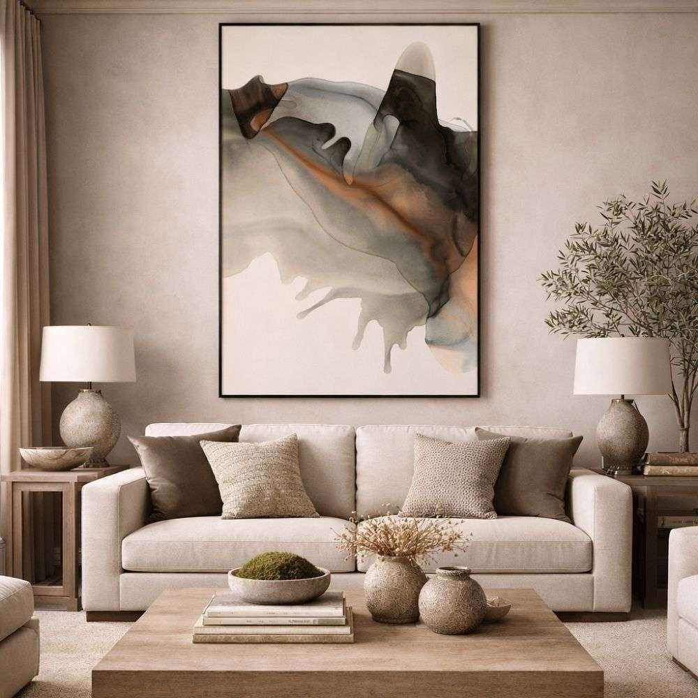 Abstract artwork with fluid black, taupe, and warm amber tones resembling flowing ink or water movement on a soft neutral background.