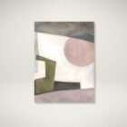 Abstract wall art with soft geometric shapes in muted tones of blush, olive, grey, and cream.