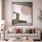 Abstract wall art with soft geometric shapes in muted tones of blush, olive, grey, and cream.