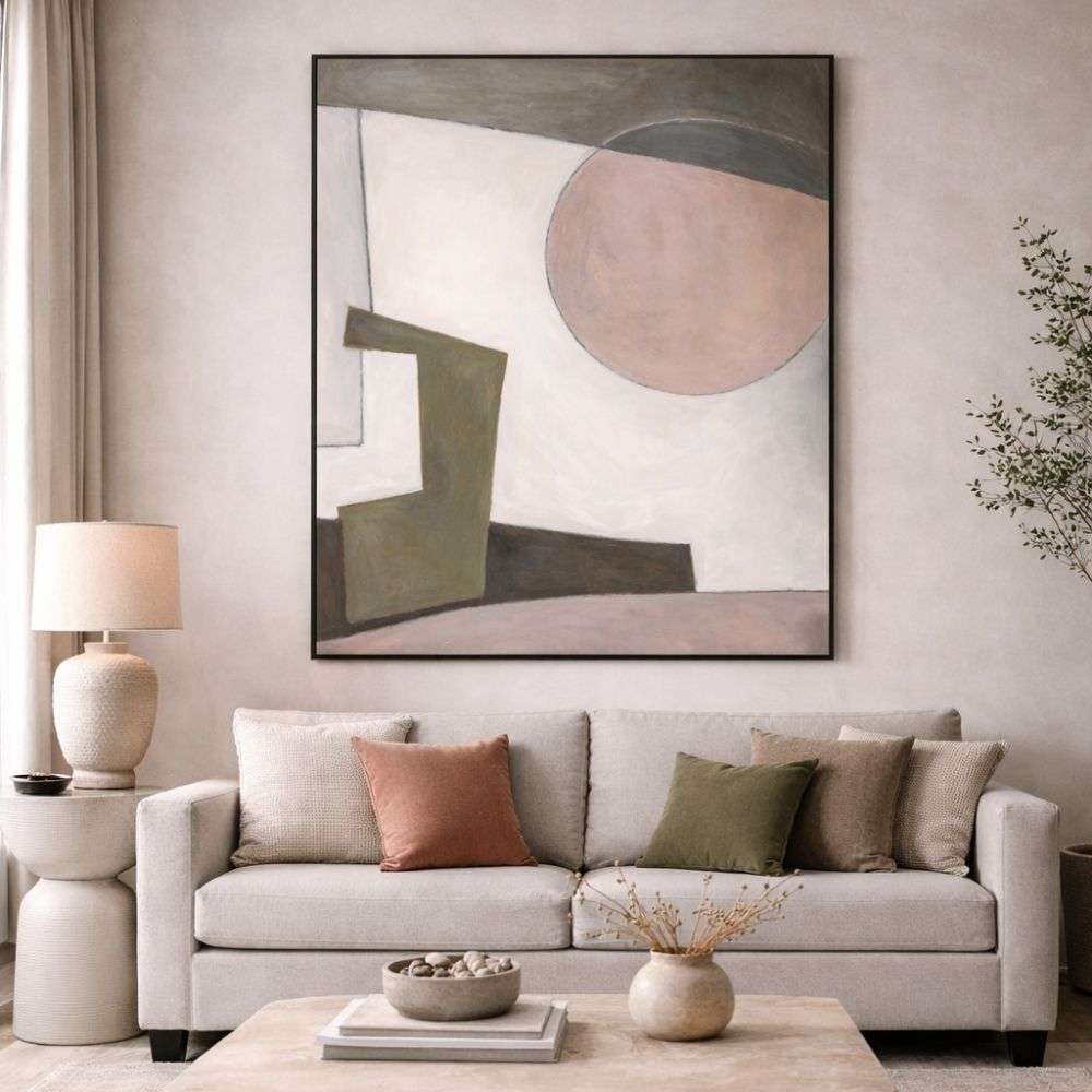 Abstract wall art with soft geometric shapes in muted tones of blush, olive, grey, and cream.