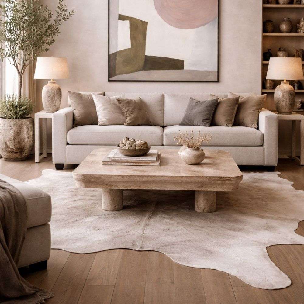 Natural grey cowhide rug with soft tonal variations and organic shape.