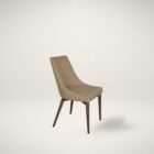 Modern dining chair with beige upholstered seat and back, and tapered wood legs in a warm finish.