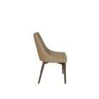 Modern dining chair with beige upholstered seat and back, and tapered wood legs in a warm finish.