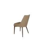 Modern dining chair with beige upholstered seat and back, and tapered wood legs in a warm finish.