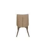 Modern dining chair with beige upholstered seat and back, and tapered wood legs in a warm finish.