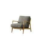 Upholstered armchair with a soft green textured fabric seat and back, paired with a light wood frame and clean, modern lines.