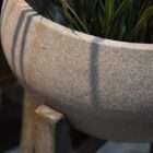 Light oak bench with rounded upholstered cushion in soft neutral fabric.