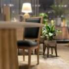 Light oak bench with rounded upholstered cushion in soft neutral fabric.