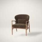 Modern accent chair with warm wood frame, curved back, and brown textured upholstery with matching cushion.