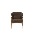 Modern accent chair with warm wood frame, curved back, and brown textured upholstery with matching cushion.