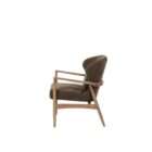 Modern accent chair with warm wood frame, curved back, and brown textured upholstery with matching cushion.