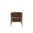 Modern accent chair with warm wood frame, curved back, and brown textured upholstery with matching cushion.