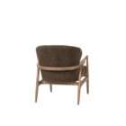 Modern accent chair with warm wood frame, curved back, and brown textured upholstery with matching cushion.