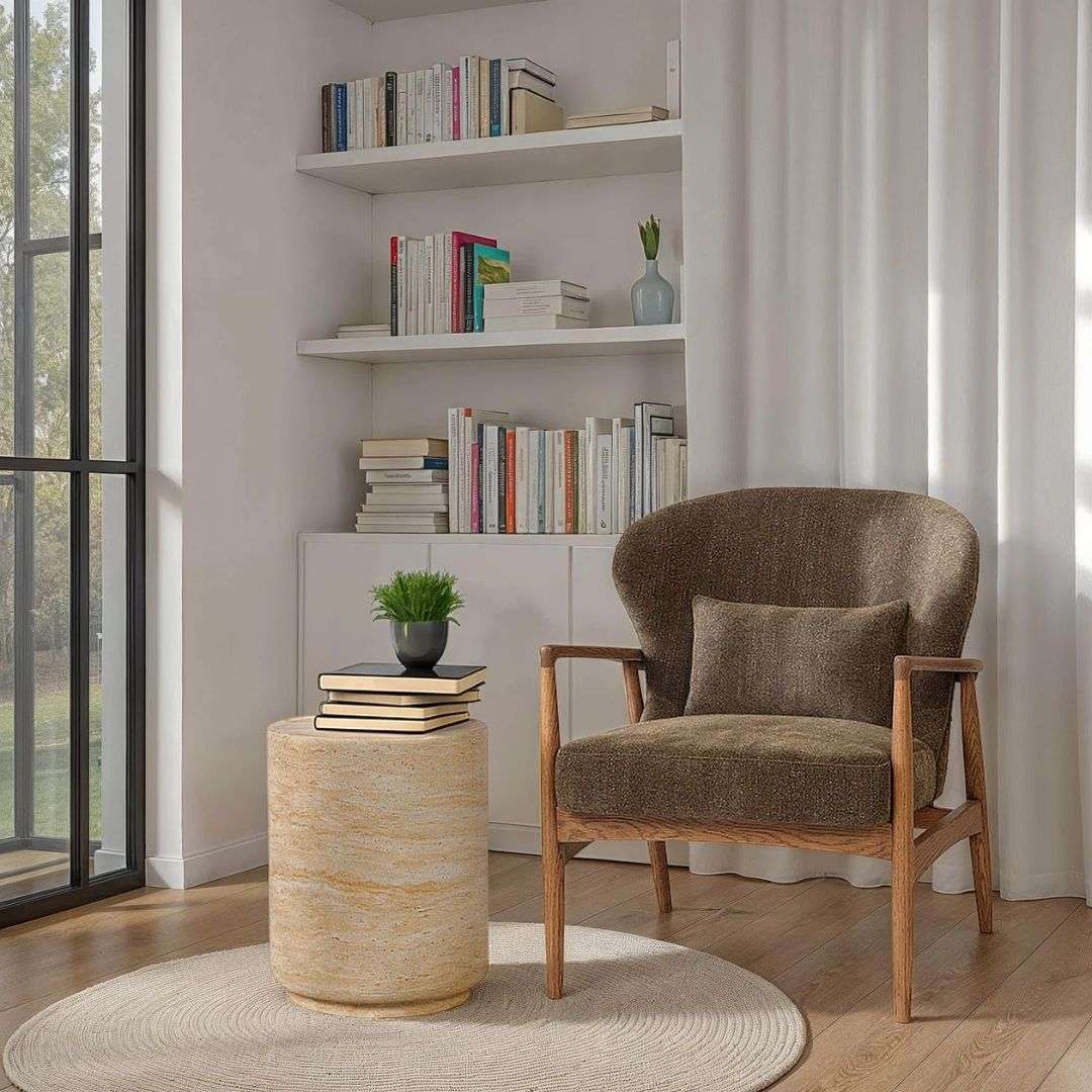 Modern accent chair with warm wood frame, curved back, and brown textured upholstery with matching cushion.