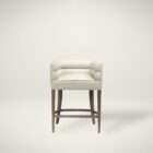 Upholstered bar stool with a cream cushioned seat and rounded arm detail, supported by a dark wood frame with footrest.