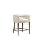 Upholstered bar stool with a cream cushioned seat and rounded arm detail, supported by a dark wood frame with footrest.