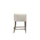 Upholstered bar stool with a cream cushioned seat and rounded arm detail, supported by a dark wood frame with footrest.