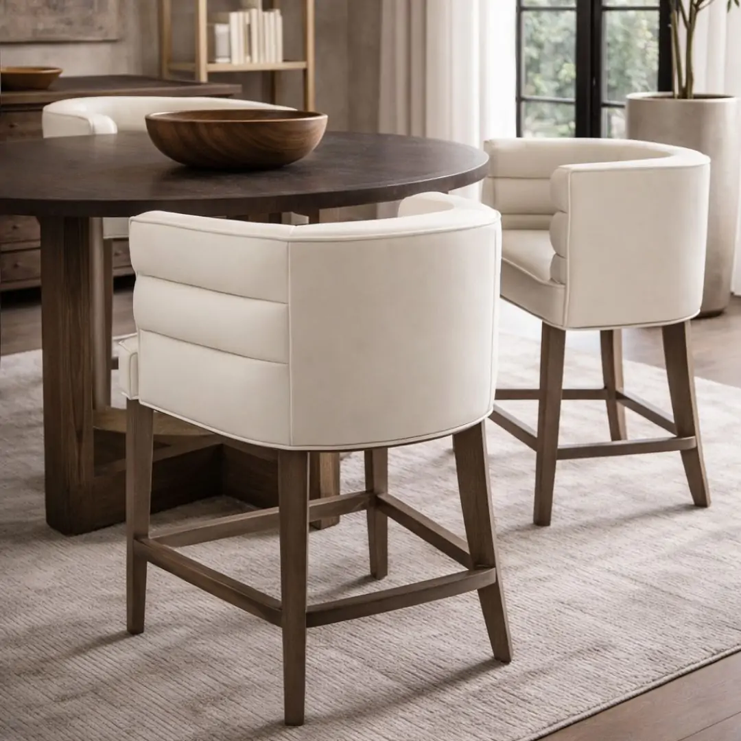 Upholstered bar stool with a cream cushioned seat and rounded arm detail, supported by a dark wood frame with footrest.