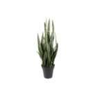 Artificial snake plant in a black pot featuring tall, upright green leaves with variegated striping.