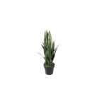 Artificial snake plant in a black pot featuring tall, upright green leaves with variegated striping.