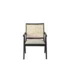 Modern black wood accent chair with woven cane back and neutral upholstered seat.