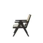 Modern black wood accent chair with woven cane back and neutral upholstered seat.