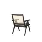 Modern black wood accent chair with woven cane back and neutral upholstered seat.
