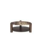 Round coffee table with a natural marble top in warm brown and cream veining, supported by sculptural wood legs and a matching lower shelf.