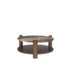 Round coffee table with a natural marble top in warm brown and cream veining, supported by sculptural wood legs and a matching lower shelf.