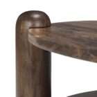 Round coffee table with a natural marble top in warm brown and cream veining, supported by sculptural wood legs and a matching lower shelf.