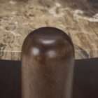 Round coffee table with a natural marble top in warm brown and cream veining, supported by sculptural wood legs and a matching lower shelf.