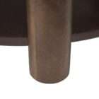 Round coffee table with a natural marble top in warm brown and cream veining, supported by sculptural wood legs and a matching lower shelf.